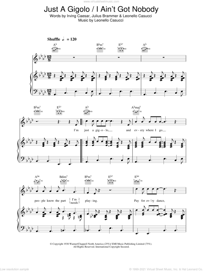 Just A Gigolo / I Ain't Got Nobody sheet music for voice, piano or guitar by David Lee Roth, Irving Caesar, Julius Brammer and Leonello Casucci, intermediate skill level