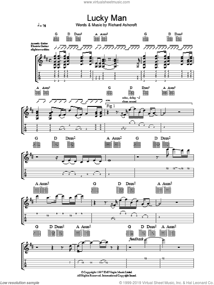 Lucky Man sheet music for guitar (tablature) by The Verve and Richard Ashcroft, intermediate skill level