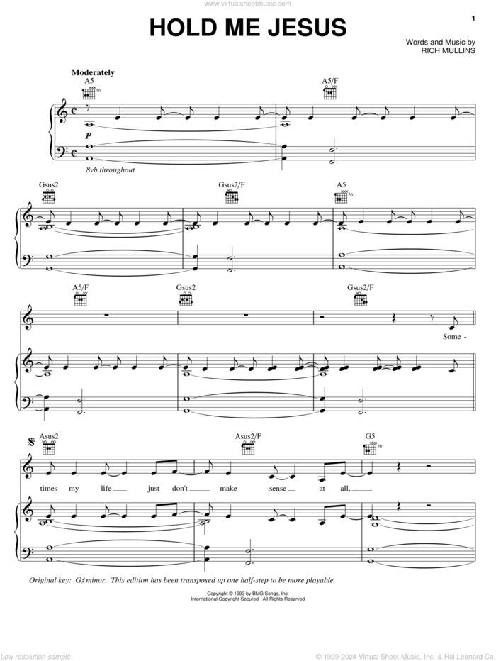 Hold Me Jesus sheet music for voice, piano or guitar by Rich Mullins and Rebecca St. James, intermediate skill level