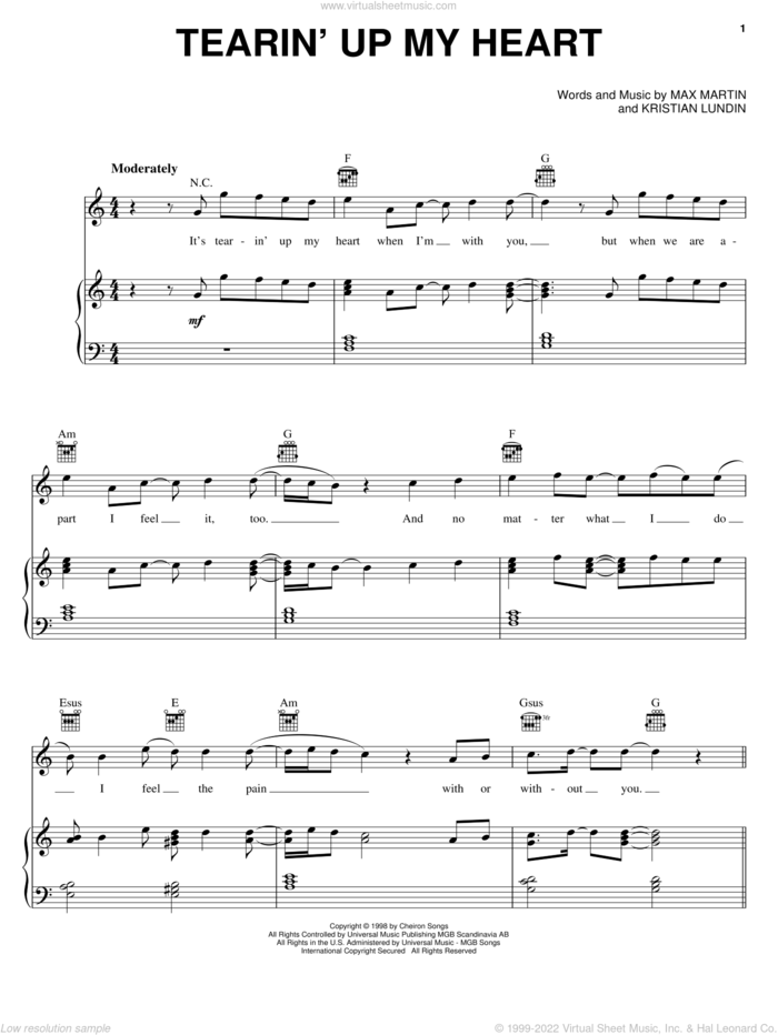 Tearin' Up My Heart sheet music for voice, piano or guitar by 'N Sync, Kristian Lundin and Max Martin, intermediate skill level