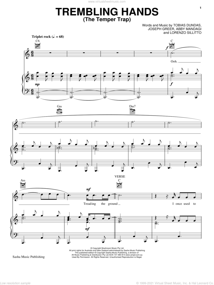 Trembling Hands sheet music for voice, piano or guitar by Temper Trap, Abby Mandagi, Joseph Greer, Lorenzo Sillitto and Tobias Dundas, intermediate skill level