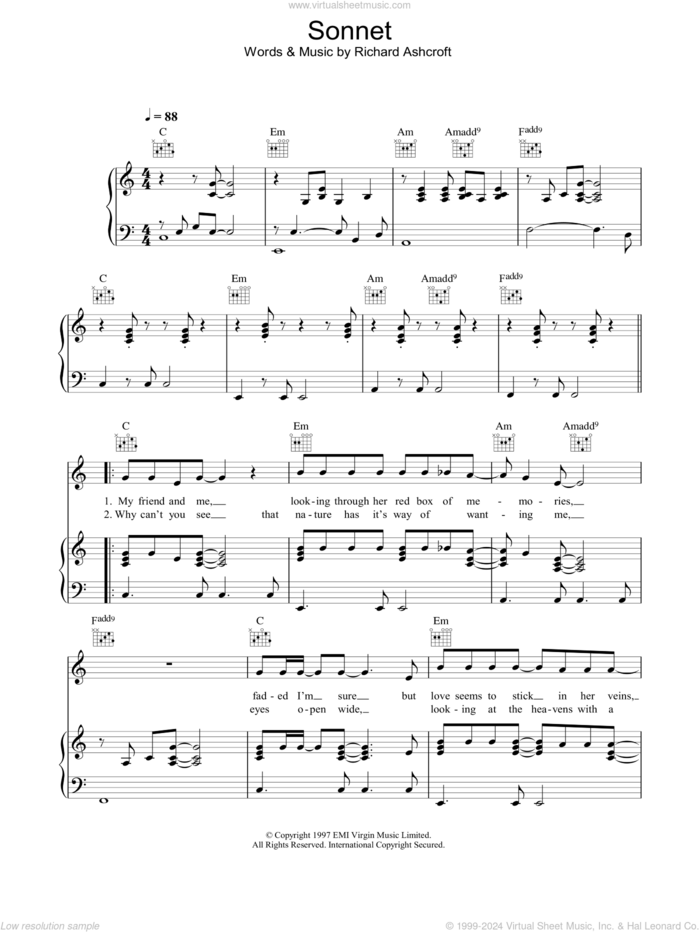 Sonnet sheet music for voice, piano or guitar by The Verve and Richard Ashcroft, intermediate skill level
