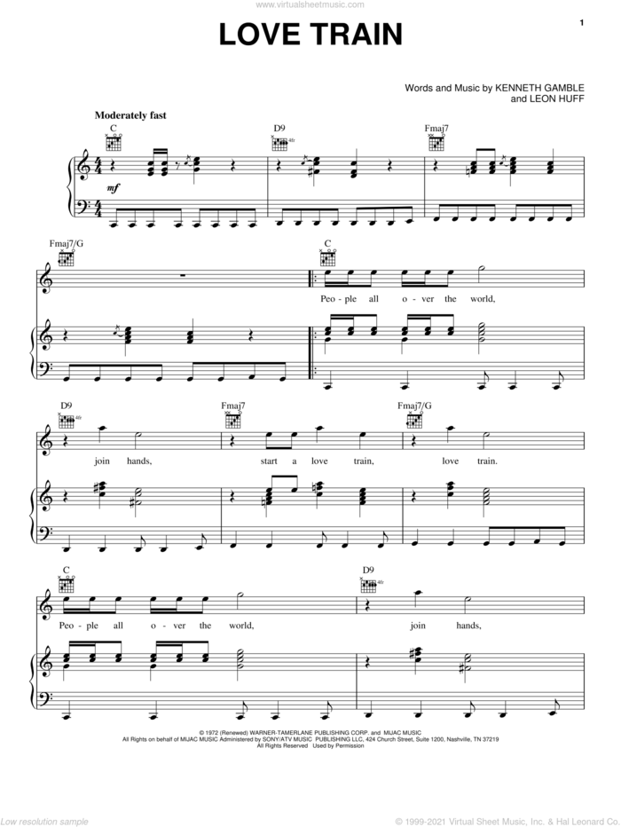 Love Train sheet music for voice, piano or guitar by O'Jays, Kenneth Gamble and Leon Huff, intermediate skill level