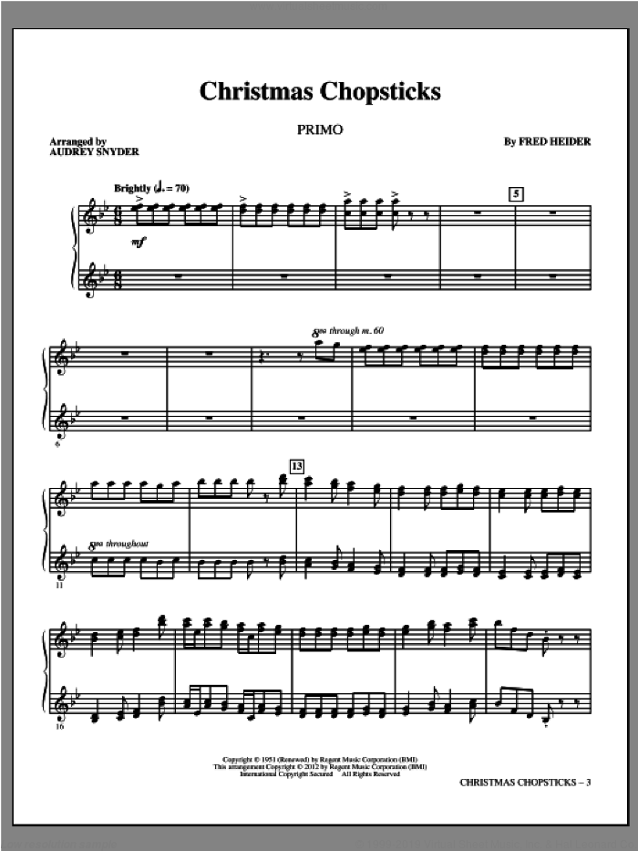 Christmas Chopsticks (complete set of parts) sheet music for orchestra/band (Piano Parts) by Audrey Snyder and Fred Heider, intermediate skill level