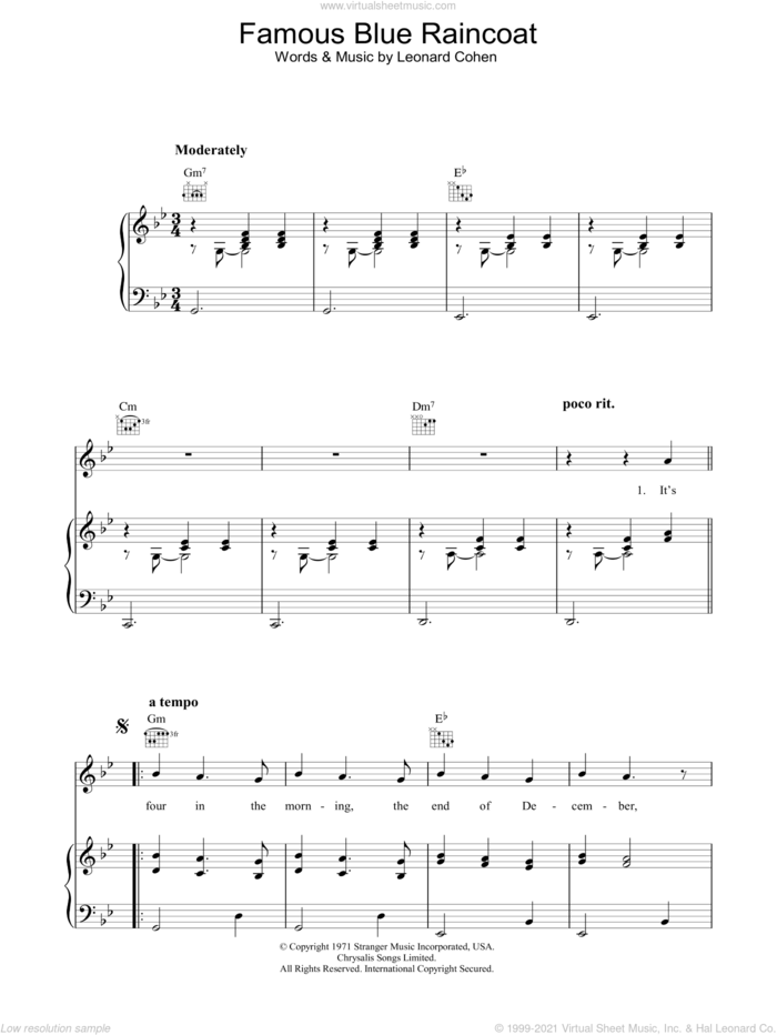 Famous Blue Raincoat sheet music for voice, piano or guitar by Leonard Cohen, intermediate skill level