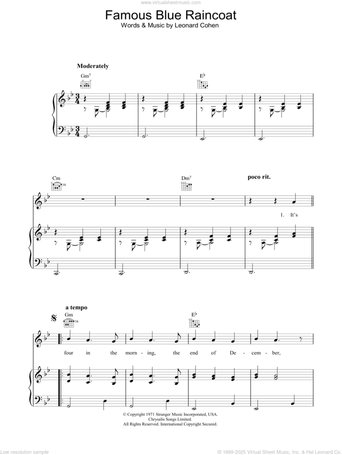 Famous Blue Raincoat sheet music for voice, piano or guitar by Leonard Cohen, intermediate skill level