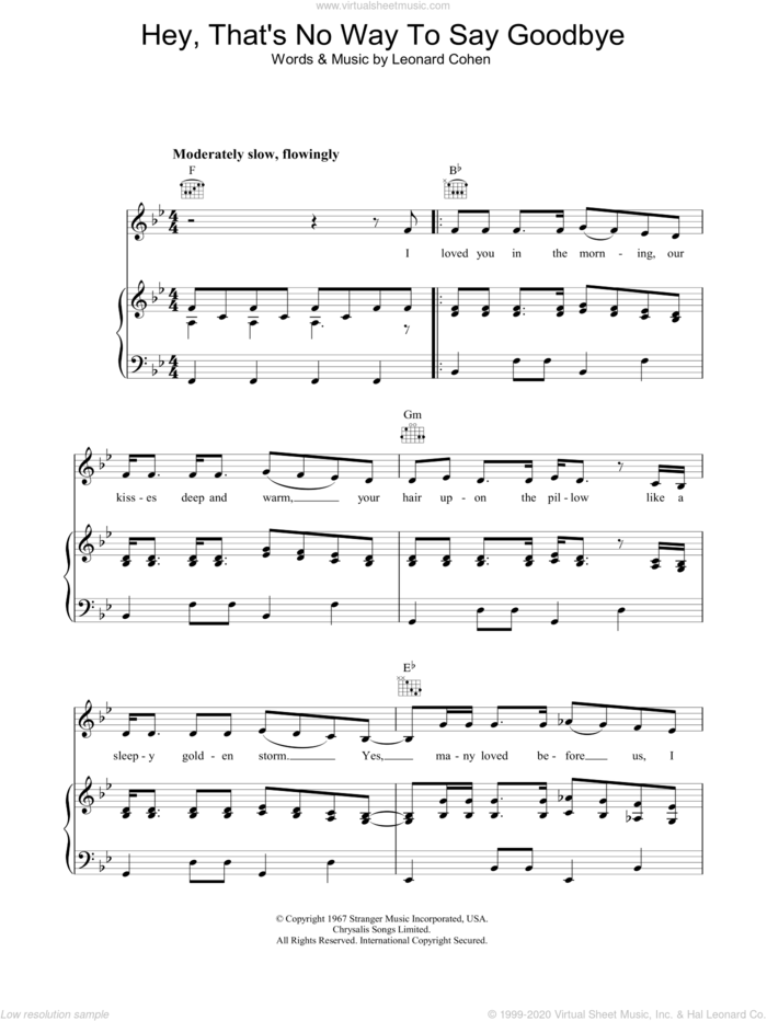 Hey, That's No Way To Say Goodbye sheet music for voice, piano or guitar by Leonard Cohen, intermediate skill level