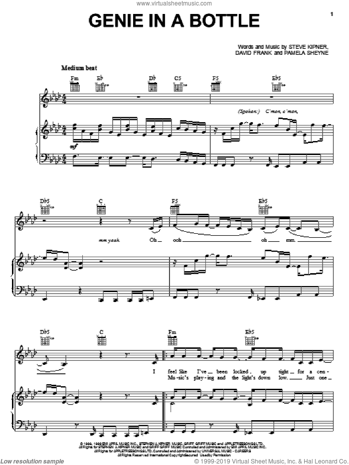 Genie In A Bottle sheet music for voice, piano or guitar by Christina Aguilera, David Frank, Pam Sheyne and Steve Kipner, intermediate skill level