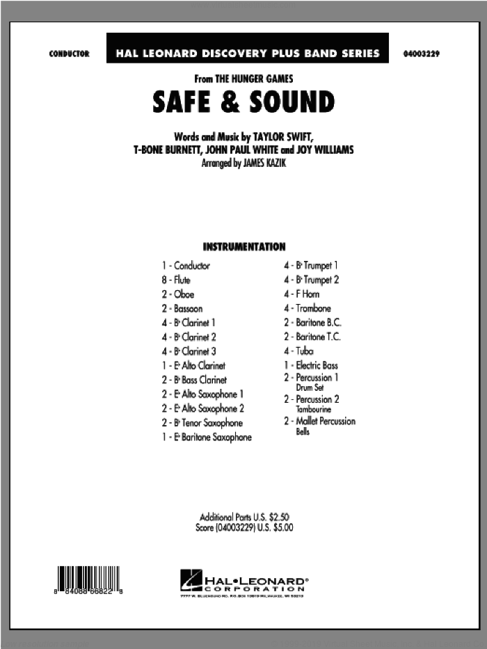 Safe and Sound (from The Hunger Games) (COMPLETE) sheet music for concert band by Taylor Swift, William Joseph and James Kazik, intermediate skill level
