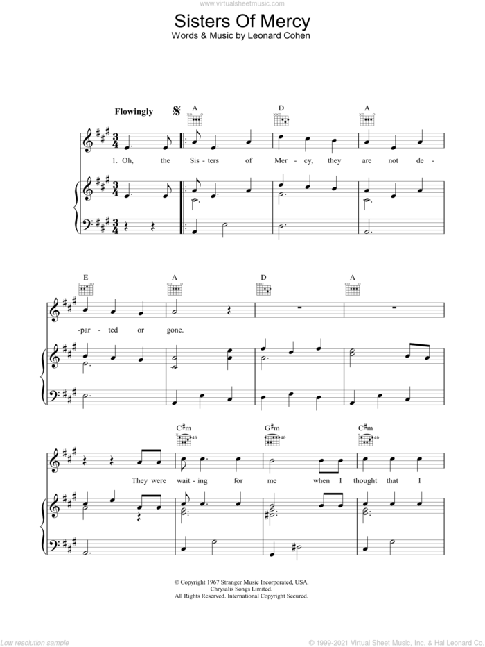 Sisters Of Mercy sheet music for voice, piano or guitar by Leonard Cohen, intermediate skill level