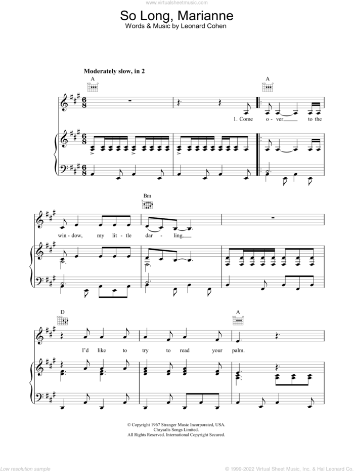So Long, Marianne sheet music for voice, piano or guitar by Leonard Cohen, intermediate skill level