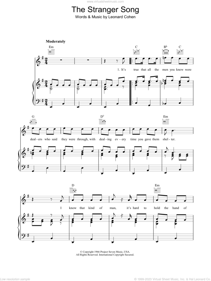 The Stranger Song sheet music for voice, piano or guitar by Leonard Cohen, intermediate skill level
