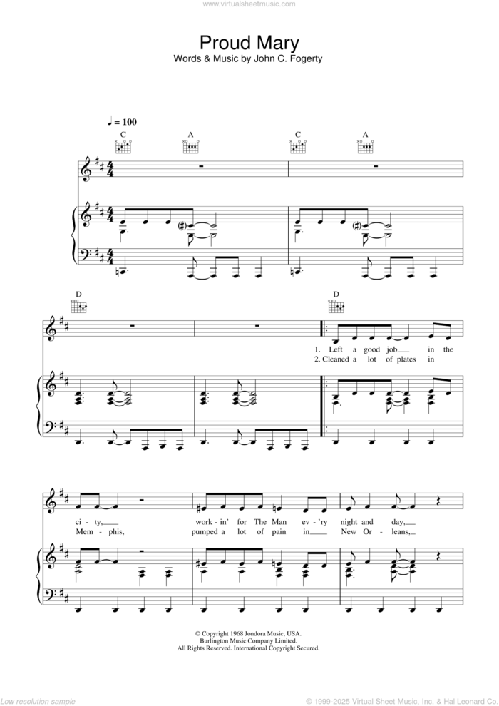 Proud Mary sheet music for voice, piano or guitar by Creedence Clearwater Revival, Ike & Tina Turner and John Fogerty, intermediate skill level