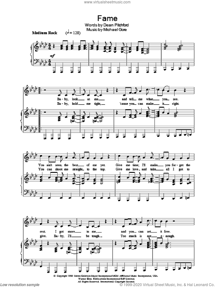 Fame sheet music for voice, piano or guitar by Irene Cara, Dean Pitchford and Michael Gore, intermediate skill level