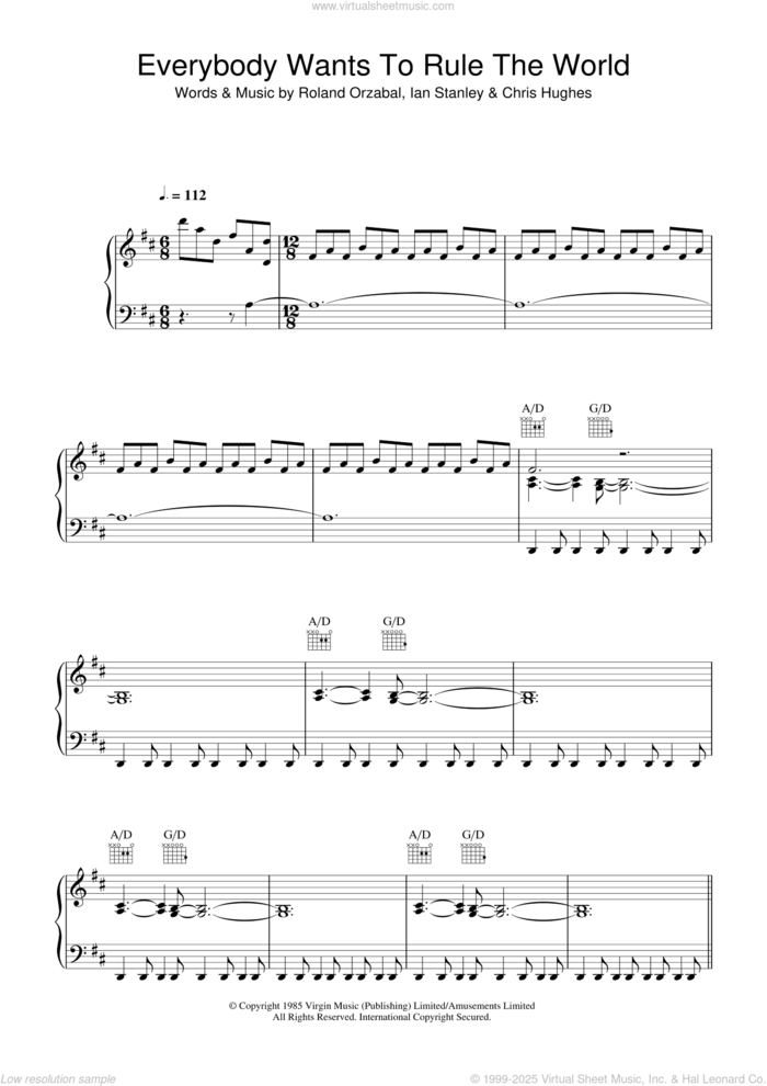 Everybody Wants To Rule The World sheet music for voice, piano or guitar by Tears For Fears, Chris Hughes, Ian Stanley and Roland Orzabal, intermediate skill level