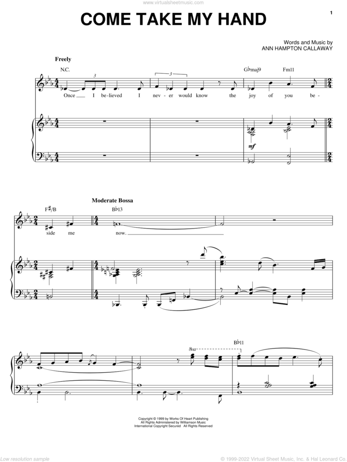 Come Take My Hand sheet music for voice and piano by Ann Hampton Callaway, intermediate skill level