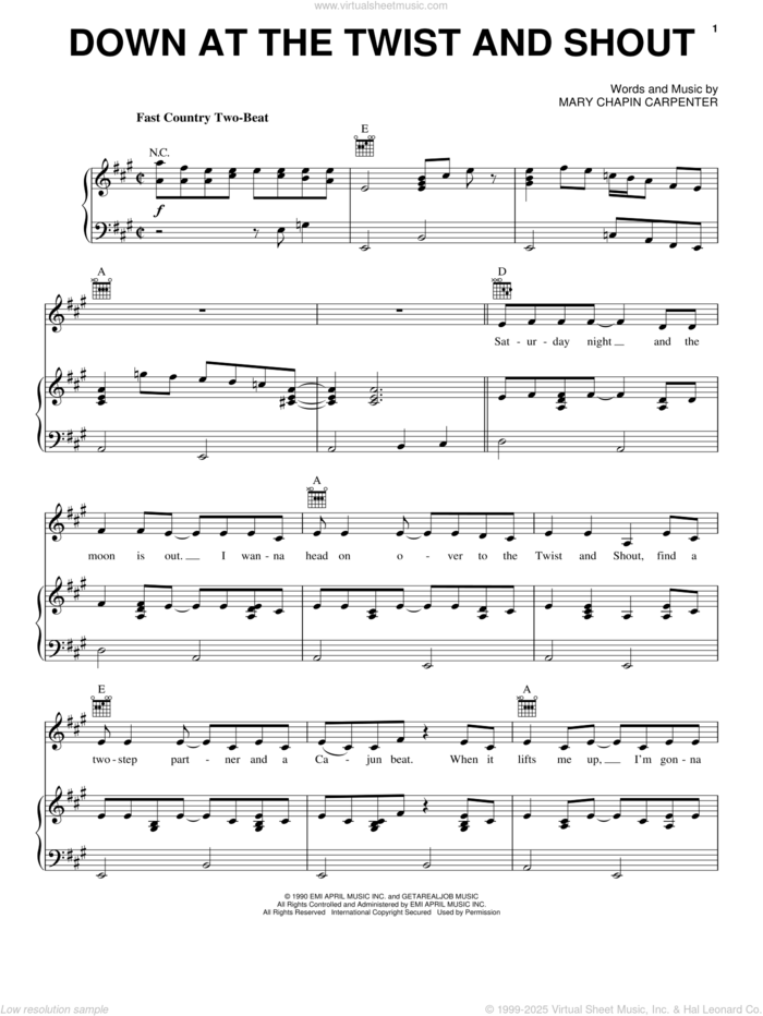 Down At The Twist And Shout sheet music for voice, piano or guitar by Mary Chapin Carpenter, intermediate skill level