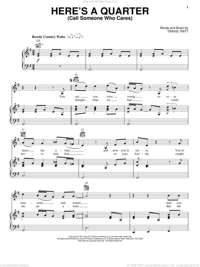 Here's A Quarter (Call Someone Who Cares) sheet music for voice, piano or guitar by Travis Tritt, intermediate skill level