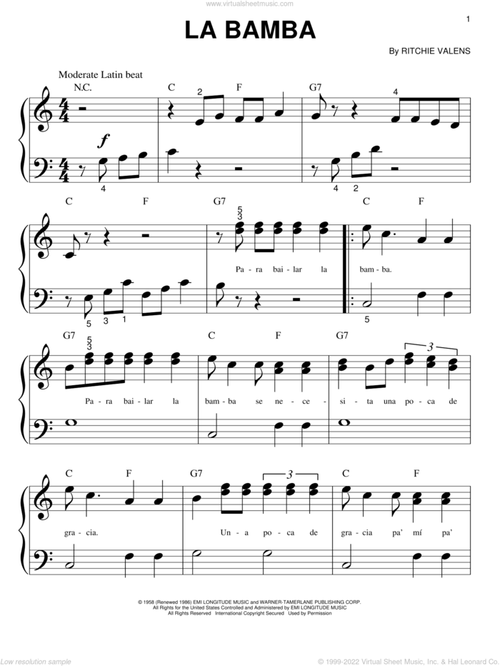 La Bamba sheet music for piano solo (big note book) by Ritchie Valens and Los Lobos, easy piano (big note book)