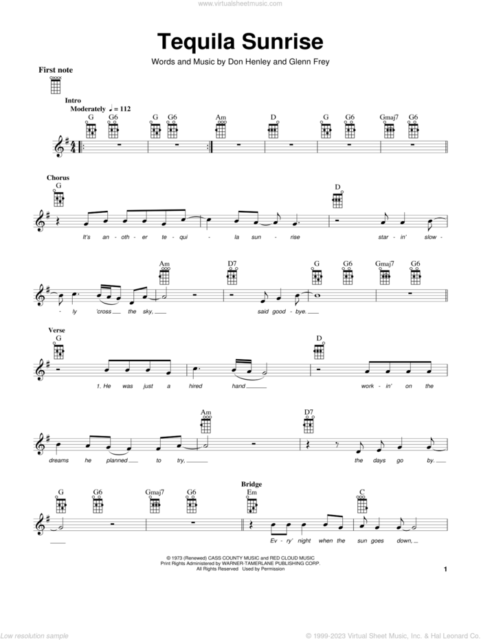 Tequila Sunrise sheet music for ukulele by The Eagles, Don Henley and Glenn Frey, intermediate skill level