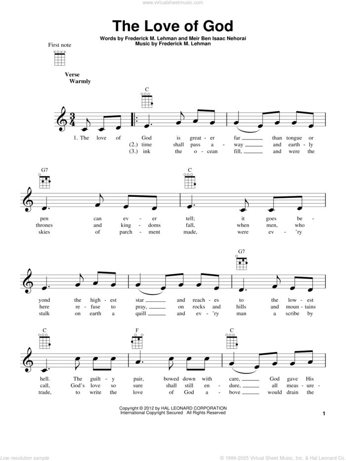 The Love Of God sheet music for ukulele by Meir Ben Isaac Nehorai and Frederick M. Lehman, intermediate skill level