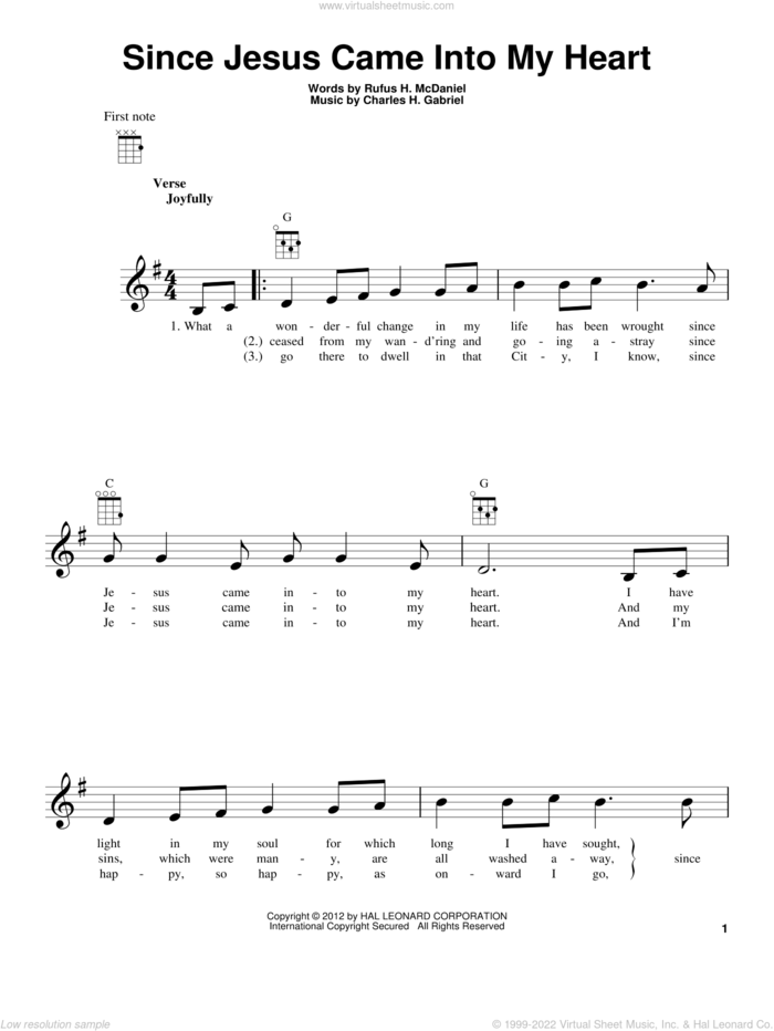 Since Jesus Came Into My Heart sheet music for ukulele by Charles H. Gabriel and Rufus H. McDaniel, intermediate skill level