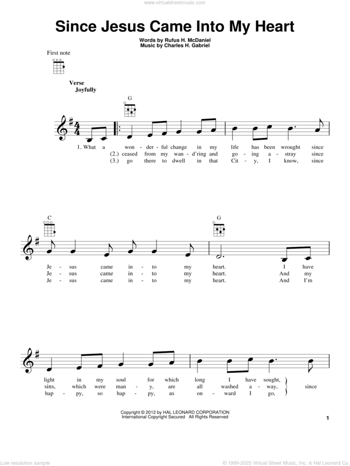 Since Jesus Came Into My Heart sheet music for ukulele by Charles H. Gabriel and Rufus H. McDaniel, intermediate skill level