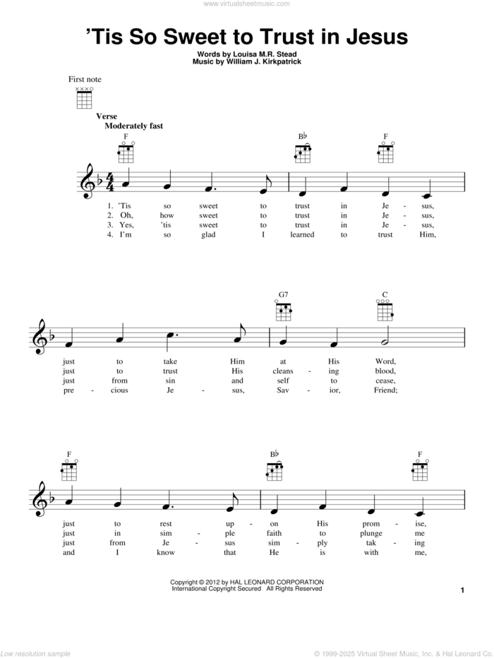 'Tis So Sweet To Trust In Jesus sheet music for ukulele by Louisa M.R. Stead and William J. Kirkpatrick, intermediate skill level