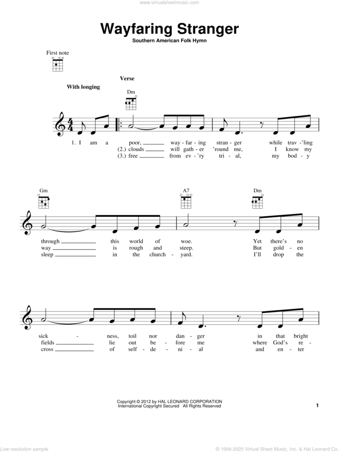 Wayfaring Stranger sheet music for ukulele, intermediate skill level