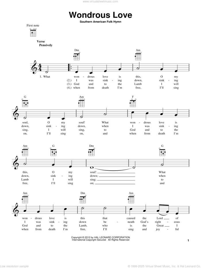 Wondrous Love sheet music for ukulele, intermediate skill level