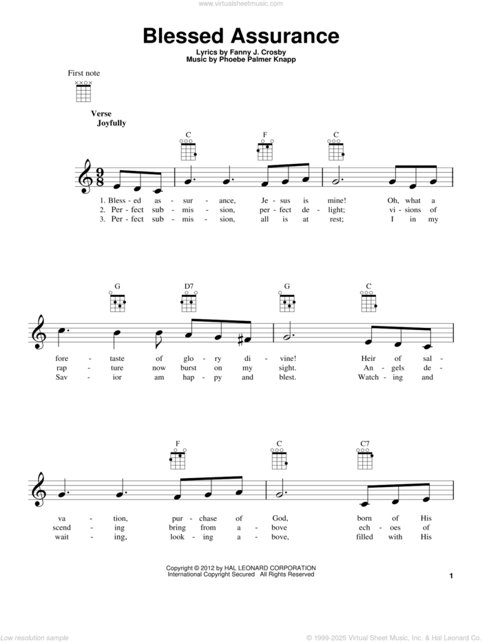 Blessed Assurance sheet music for ukulele by Fanny J. Crosby and Phoebe Palmer Knapp, intermediate skill level