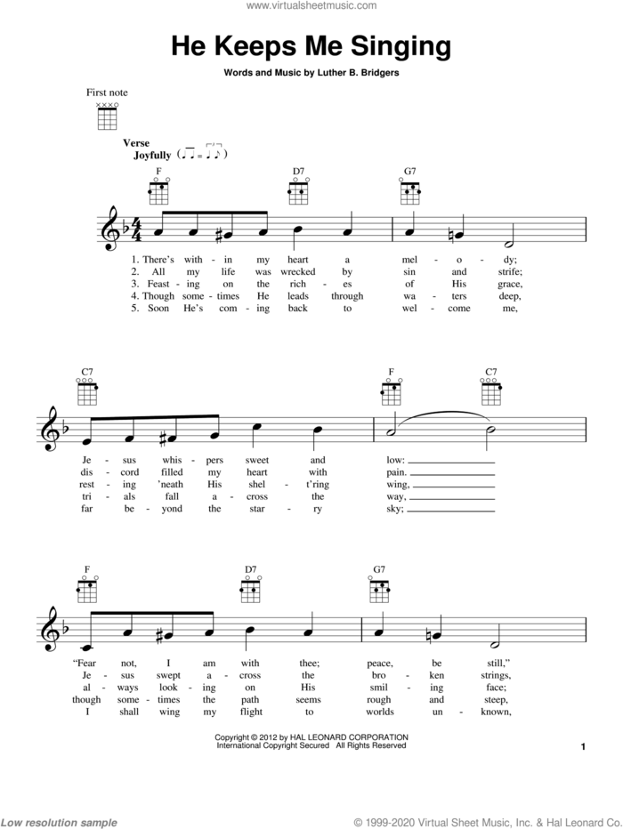 He Keeps Me Singing sheet music for ukulele by Luther B. Bridgers, intermediate skill level