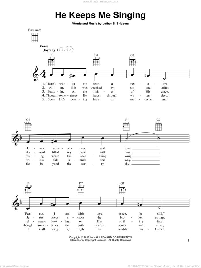 He Keeps Me Singing sheet music for ukulele by Luther B. Bridgers, intermediate skill level