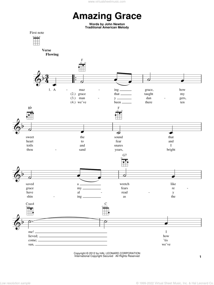 Amazing Grace sheet music for ukulele by Edwin O. Excell, John Newton and Miscellaneous, wedding score, intermediate skill level