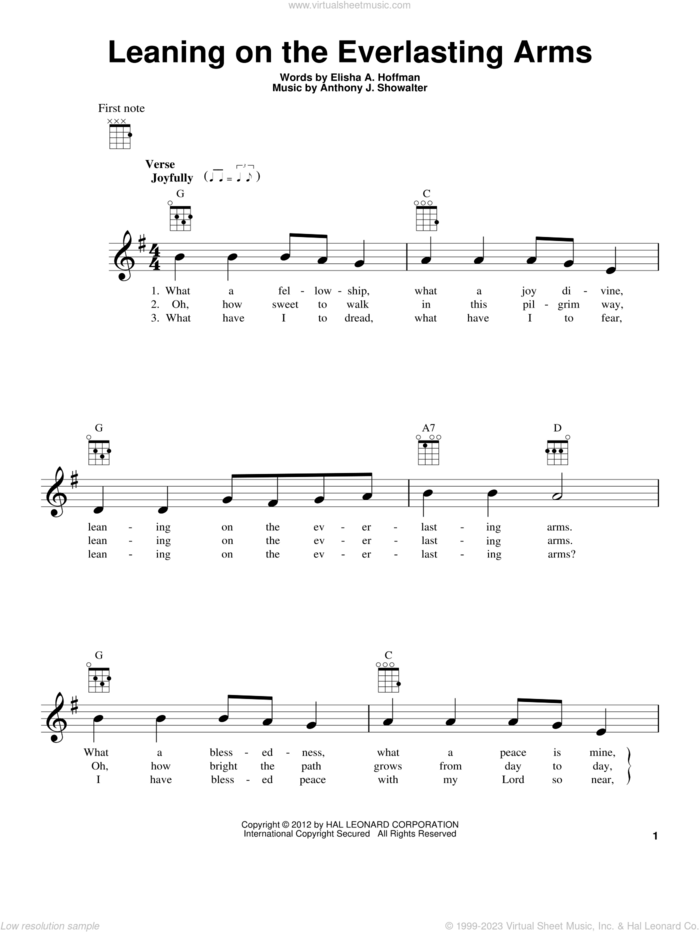 Leaning On The Everlasting Arms sheet music for ukulele by Anthony J. Showalter and Elisha A. Hoffman, intermediate skill level