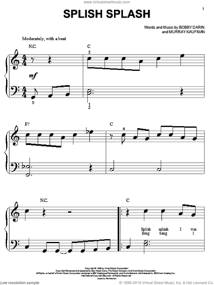 Splish Splash sheet music for piano solo (big note book) by Bobby Darin and Murray Kaufman, easy piano (big note book)