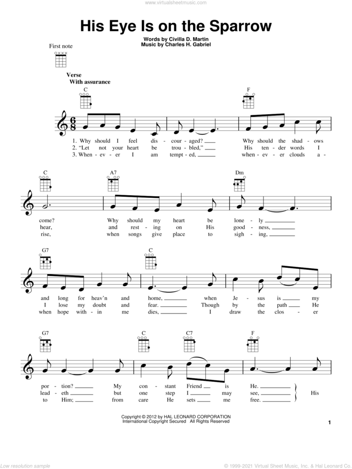 His Eye Is On The Sparrow sheet music for ukulele by Charles H. Gabriel and Civilla D. Martin, intermediate skill level