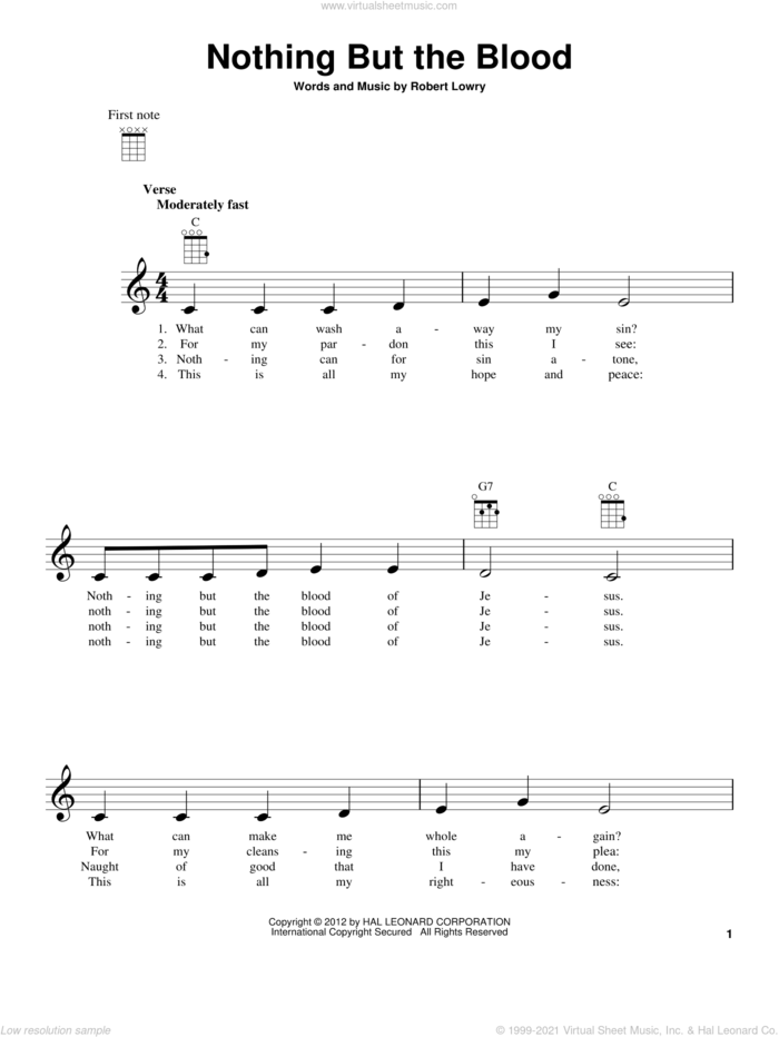Nothing But The Blood sheet music for ukulele by Robert Lowry, intermediate skill level
