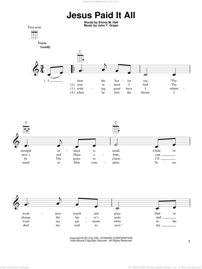 Jesus Paid It All sheet music for ukulele by John T. Grape and Elvina M. Hall, intermediate skill level