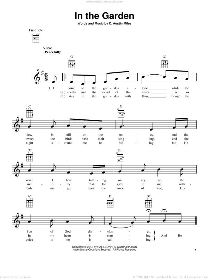 In The Garden sheet music for ukulele by C. Austin Miles, intermediate skill level