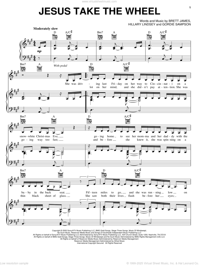 Jesus Take The Wheel sheet music for voice, piano or guitar by Carrie Underwood, American Idol, Brett James, Gordie Sampson and Hillary Lindsey, intermediate skill level