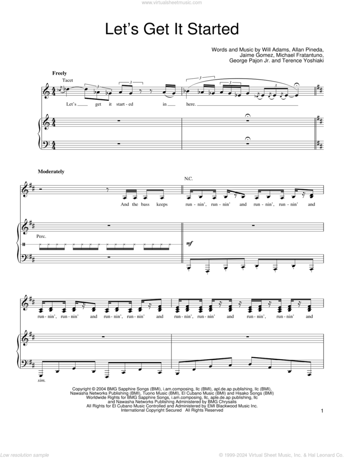 Let's Get It Started sheet music for voice, piano or guitar by Black Eyed Peas, Allan Pineda, George Pajon Jr., Jaime Gomez, Michael Fratantuno, Terence Yoshiaki and Will Adams, intermediate skill level