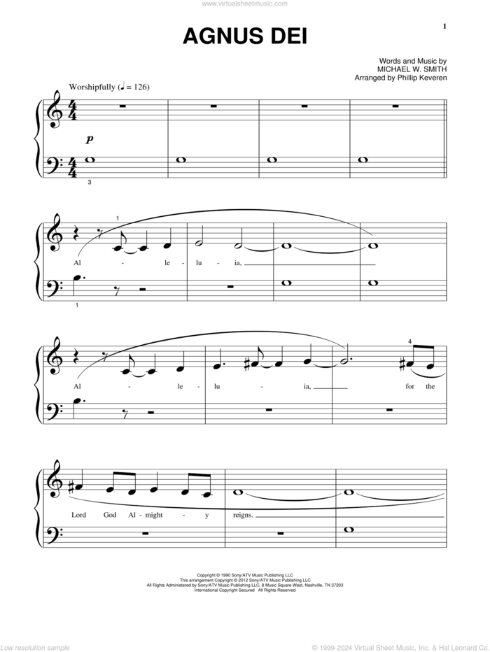 Agnus Dei, (beginner) sheet music for piano solo by Michael W. Smith, beginner skill level
