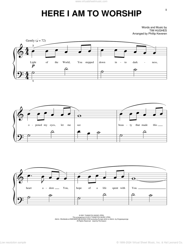 Here I Am To Worship sheet music for piano solo by Tim Hughes and Phillips, Craig & Dean, beginner skill level