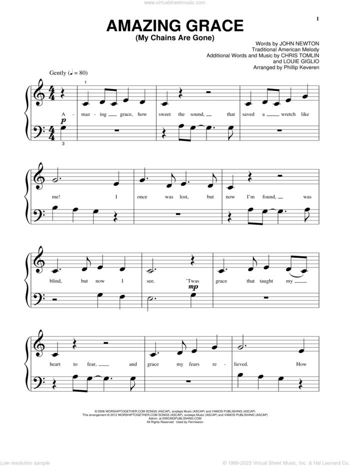 Amazing Grace (My Chains Are Gone) sheet music for piano solo (big note book) by Chris Tomlin, John Newton, Louie Giglio and Miscellaneous, easy piano (big note book)