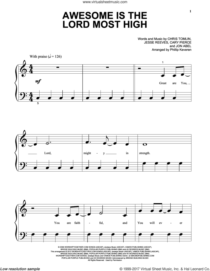 Awesome Is The Lord Most High, (beginner) sheet music for piano solo by Chris Tomlin, Brenton Brown, Cary Pierce, Jesse Reeves and Jon Abel, beginner skill level