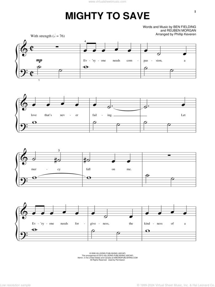 Mighty To Save, (beginner) sheet music for piano solo by Hillsong Worship, Ben Fielding and Reuben Morgan, beginner skill level