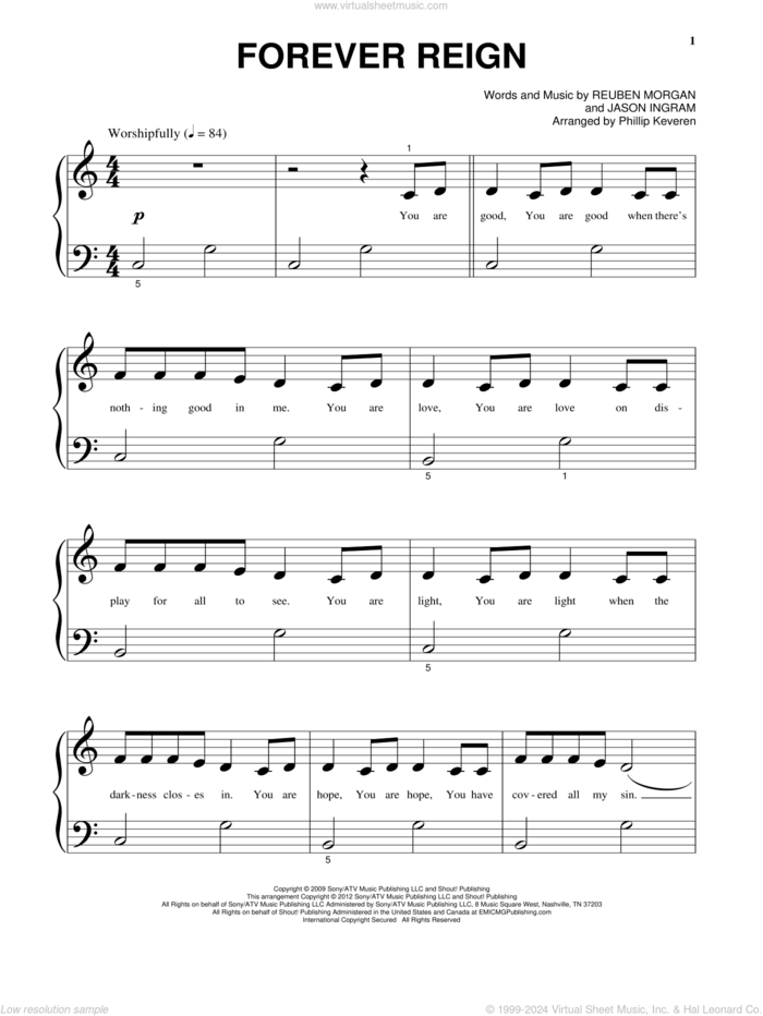 Forever Reign sheet music for piano solo by Jason Ingram, Hillsong Worship and Reuben Morgan, beginner skill level