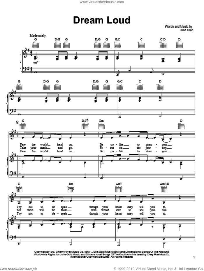 Dream Loud sheet music for voice, piano or guitar by Julie Gold, intermediate skill level