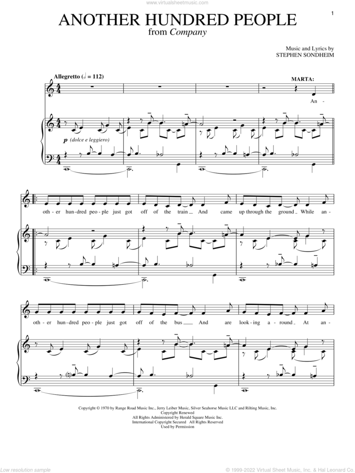 Another Hundred People sheet music for voice, piano or guitar by Stephen Sondheim and Company (Musical), intermediate skill level